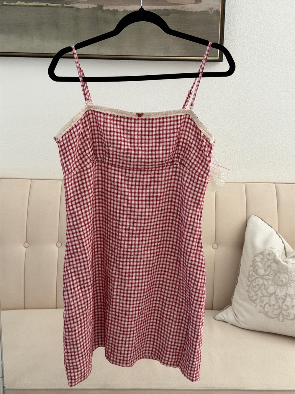 Aeropostale Red & Cream Gingham Lace-Trim Slip Dress